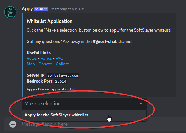 Discord Apply dropdown showing the SoftSlayer whitelist option highlighted